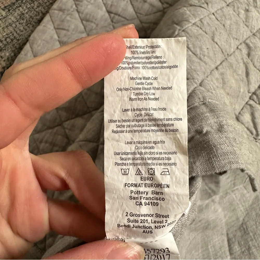 Pottery Barn PAIR Belgian Flax Linen Diamond Quilted Shams Grey SET (2)